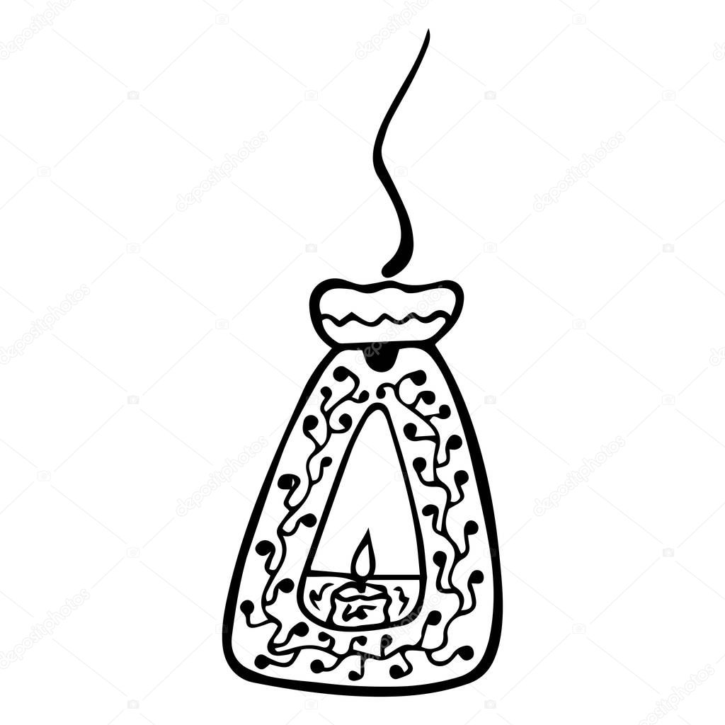 Black and white aroma lamp for essential oil with a burning candle inside and steam. Hand-drawn isolated object. Vector.