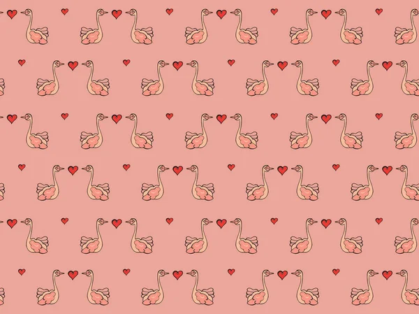 Romantic seamless pattern from hand-drawn couples of lovers swans with hearts on a pink background. Valentine's Day and wedding. Vector. — Stock Vector