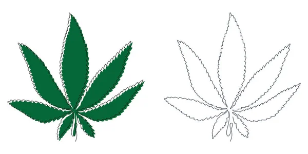 2 cannabis leaves drawn in one line with and without a green substrate on a white background. Vector. — Stock Vector