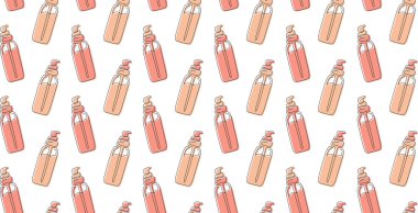 Beyaz arka planda pastel renklerle sübvansiyonlar çizilmiş şişelerin içindeki yüz serumlarının kusursuz deseni. Vektör.