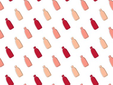 Şampuanlar, sıvı sabunlar, merhemler, banyo köpüğü, kremler vs. için tek çizgili çok renkli kontur şişelerinin kusursuz deseni beyaz arka planda. Vektör.