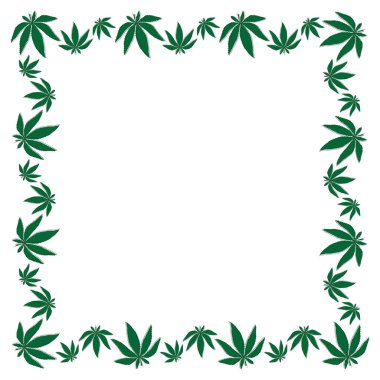 Tek bir çizgide çizilen çizgilerden kare çerçeve kenevir yaprağı ve beyaz zemin üzerinde yeşil sübvansiyonlar. Metin için şablon. Vektör.