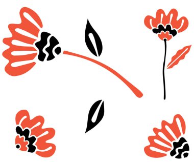 Beyaz arka planda İskandinav tarzında siyah ve kırmızı soyut çiçeklerin bir parçası. Vektör.