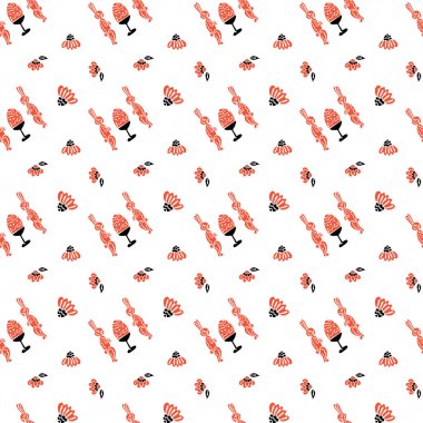 Arka ayaklarının üzerinde duran siyah ve kırmızı tavşanların kusursuz Paskalya desenleri ve aralarındaki yumurtalar ve beyaz arka plandaki soyut çiçekler. Vektör.