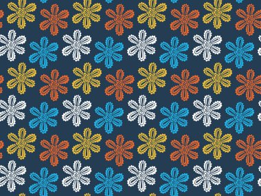 İskandinav tarzında kusursuz komik desen. Renkli ve soyut. Çiçekleri taç yapraklarıyla açmış. Karanlık arka plan. Vektör.