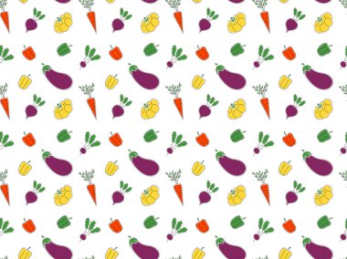 Beyaz arka planda tek bir çizgide çizilmiş hatsız sebze deseni. Havuç, dolma biber, turp, pancar, kabak, renkli sübvansiyonlu patlıcan. Modaya uygun mahsul dokusu. Vektör.