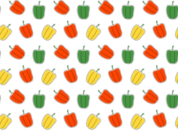 Nahtloses Muster roter, grüner und gelber Paprika auf weißem Hintergrund. Gemüsebeschaffenheit. Striche aus derselben Linie mit den Substraten. Vektor. — Stockvektor