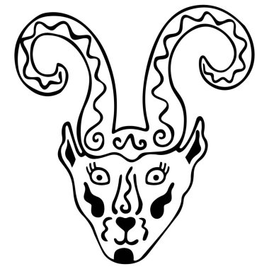 Kalıplı etnik keçi kafası. Siyah beyaz zodyak ve Oğlak burcunun sihirli işareti. Astrolojik tema üzerine mistik boyama kitabı. Astronomik el çizimi. Vektör.