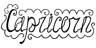 Beyaz arka planda dalgalı süslemeleri olan Oğlak burcu yazıtları. El çizimi zodyak harfleri. Vektör.