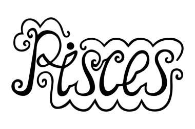 Beyaz arka planda Balık burcu yazılı. Dekoratif bukleli el yapımı zodyak harfleri. Vektör.