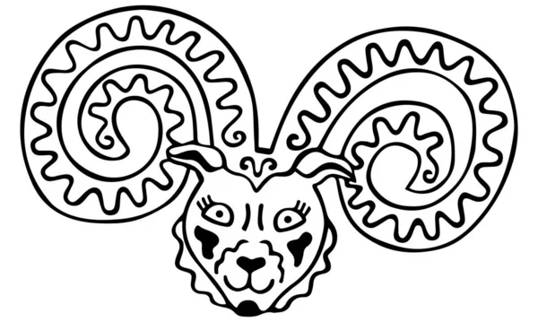 Cabeza de Aries blanco y negro con cuernos estampados y un símbolo de la constelación en la frente. Retrato de carnero místico dibujado a mano. Libro para colorear animal y zodiaco, tatuaje y decoración. Vector . — Vector de stock