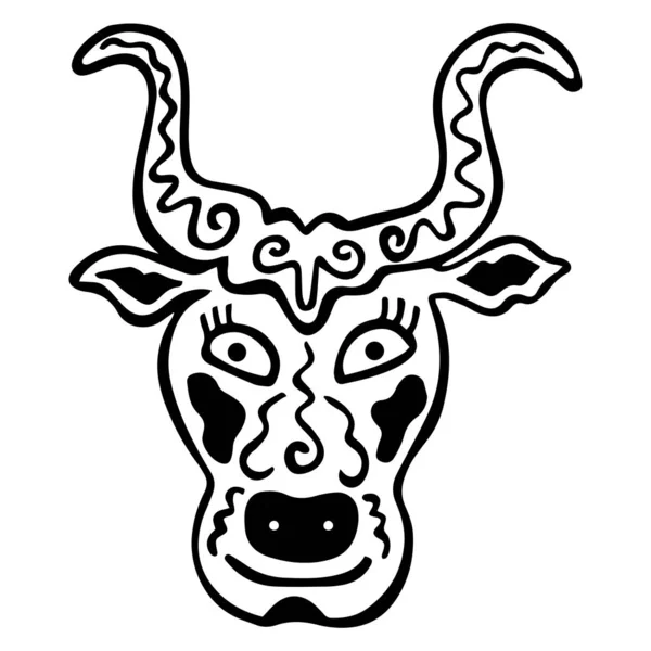 Tête de taureau isolée mystique dessinée à la main avec des motifs. Signe du zodiaque noir-blanc Taureau. Animal à cornes. Logo, tatouage, livre à colorier et conception d'impression. Vecteur . — Image vectorielle