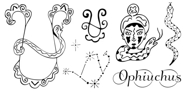 Зодиакальный набор созвездия Офийха. Черно-белые рукописные симфолии знака Офийчуса, созвездия, змеи, головы человека со змеей на шее и надписью. Изолирована. Вектор . — стоковый вектор