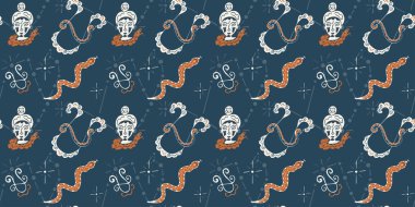 Zodyak işareti Ophiuchus 'un temasındaki kusursuz desen. Astrolojik semboller elle çizilmiş. Kumaş, tekstil, ambalaj kağıdı, hatıra defteri vesaire için. Karanlık arka plan. Vektör.