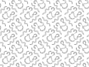 Süslü burçlardaki siyah beyaz desenler Ophiuchus ve yılanları sembolize ediyor. Tekstil, duvar kağıdı, kumaş ve ambalaj kağıdı için. Vektör.
