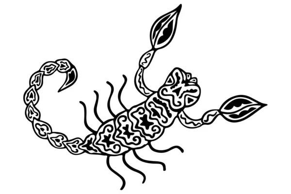 Černobílý Ornamentální Škorpión Etnickém Stylu Ručně Kreslený Členovec Třídy Pavouků — Stockový vektor