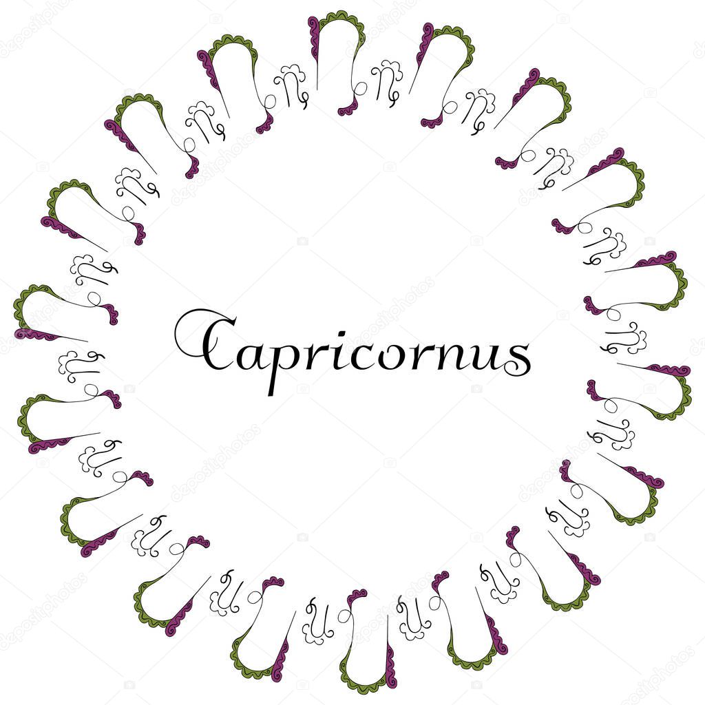 A round frame with Capricornus inscription in the center of hand-drawn isolated zodiac sign symbols on a white background. For astrological banner, postcard, poster, emblem. Vector.
