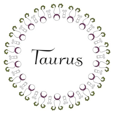 Yuvarlak zodyak amblem çerçeve üzerinde beyaz bir arkaplanda Taurus yazılıdır. Siyah, yeşil ve leylak renkleri. Astrolojik afişler, kartlar, posterler ve yıldız falı tasarımları için. Vektör.