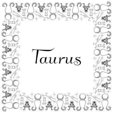 Zodyak burcunun siyah ve beyaz astrolojik sembollerinden yapılmış kare çerçeve ortasında bir yazı olan el yazısıyla çizilmiş Taurus işareti. Piktogramlar, takımyıldızları, boğaların ve yıldızların desenli başları. Vektör