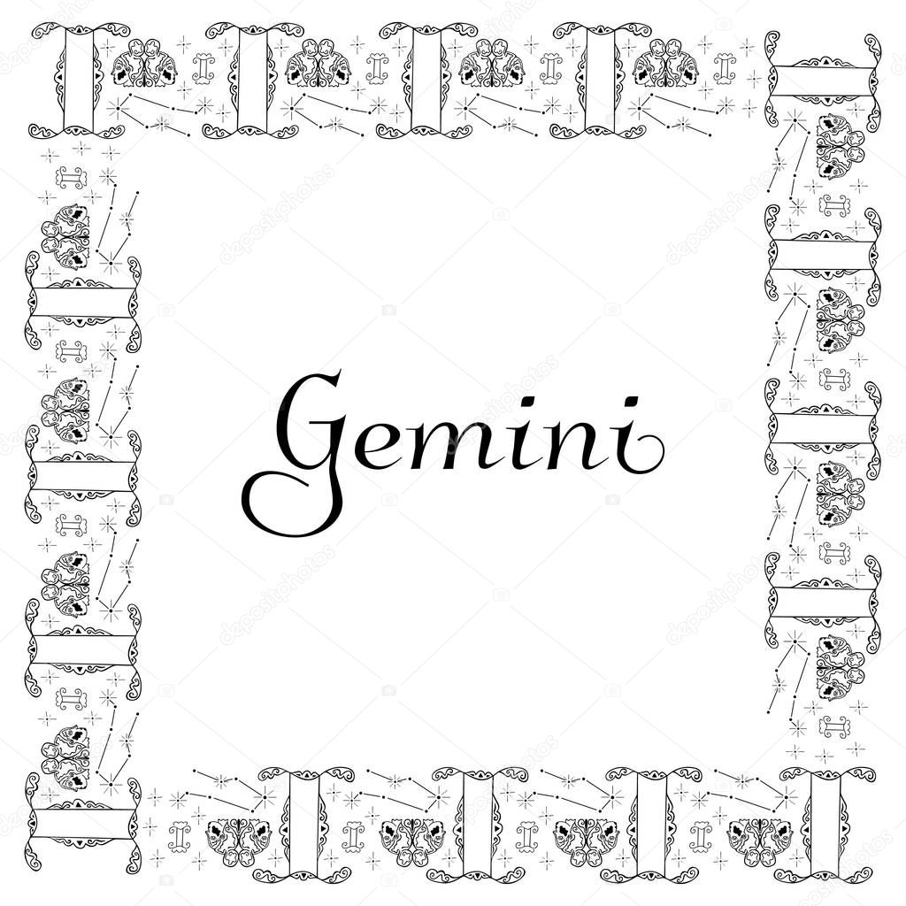 Square template for the zodiac sign Gemini. Frame of black and white astrological pictures drawn by hand and the inscription in the center. Symbols, constellations, duets of female heads. Vector.