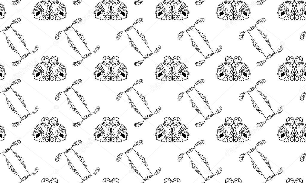 Black and white seamless pattern for the zodiac sign Gemini from vintage doodles. Pair of female heads in patterns and hand-drawn astrological symbols. Monochrome texture for textile, clothes. Vector.
