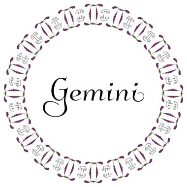 El yazısıyla çizilmiş burçlarla çizilmiş yuvarlak astrolojik amblem. Beyaz arka planda Gemini yazısıyla birlikte. Hint ve Yunan tarzı. Tasarım, afiş, kartpostal, poster, amblem için. Vektör.