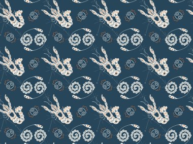 Kanser burç sembolleri koyu bir arka planda kusursuz desenler. El çizimi burçlar, takımyıldızları ve kerevit. Turuncu, krema ve gri-yeşil renkler. Tekstil, kumaş ve burç tasarımı için. Vektör