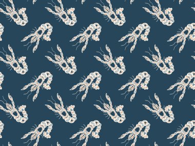 Koyu bir arka planda etnik süslemeleri olan dikişsiz kerevit deseni. Kabukluların el yapımı Astacidae ailesi. Kanser burcu işaretleri. Kumaş, giysi, duvar kağıdı, ambalaj kağıdı vesaire için. Vektör