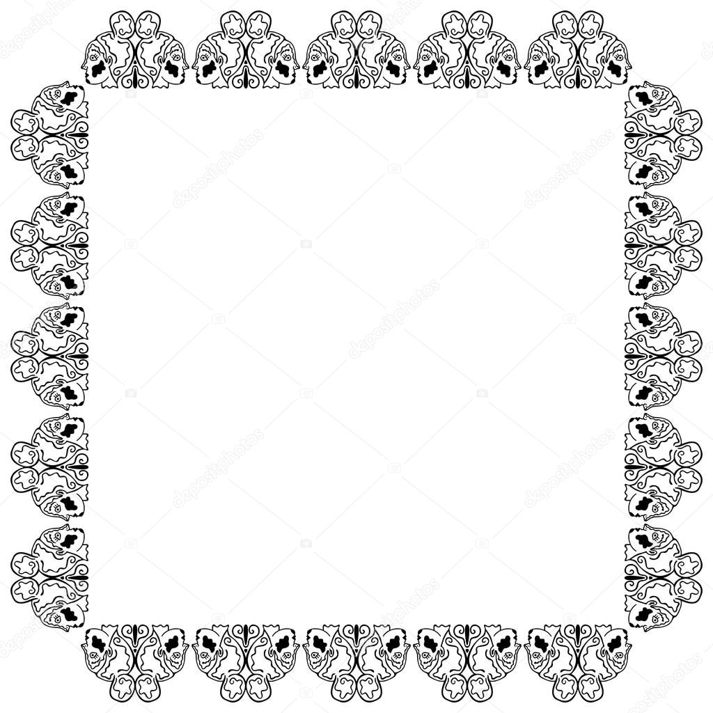 A square black and white frame of pairs of female heads in profile with abstract patterns rotated in different directions. Place for text. Greek and indian style. Gemini zodiac sign symbol. Vector.