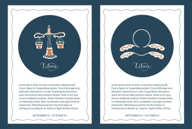 Zodyak işareti için sayfalar Terazi. Posta kartları, el ilanları, broşürler, grafik tasarımı, blog vb. için zodyakal sembollü ve pullu iki astrolojik arkaplan şablonu. Uzayı kopyala Vektör.