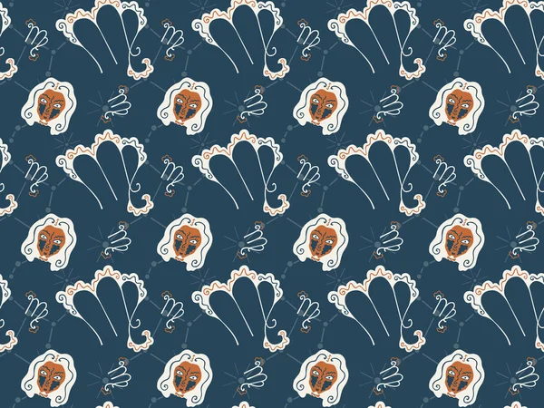 Seamless pattern symbolizing the zodiac sign Leo from hand-drawn astrological elements. Zodiacal emblems, constellations and female heads. Orange, cream and gray-green colors. Vector