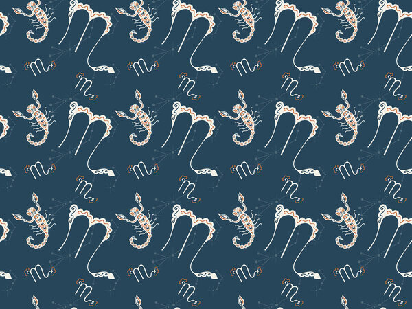 Векторный двухслойный бесшовный рисунок зодиакальных знаков Скорпиона на тёмном фоне. Ручные скорпионы с зодиакальными эмблемами и созвездиями позади них. Бесконечная астрологическая фактура. Миф
.