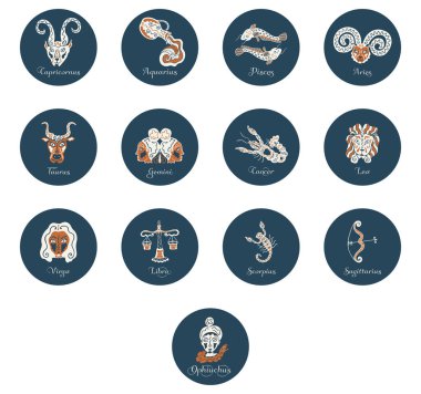 Latince adı Capricornus, Aguarius, Balık burcu, Koç, Taurus, Gemini, Kanser, Leo, Başak burcu, Terazi, Scorpius, Yay ve Ophiuchus olan 13 adet yuvarlak burç seti. Eski simgeler ve düğmeler. Vektör.
