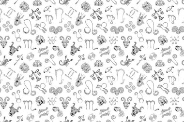 12 sembol ve burç simgelerinden oluşan siyah ve beyaz desenler. Elle çizilen mistik çizimlerden tek renkli astrolojik doku. Kumaş, tekstil, telefon kılıfları vs. Vektör.