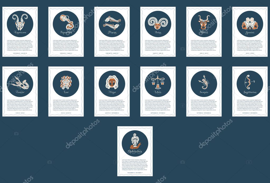 A set of background pages of patterns 13 zodiac signs, 12 standard and 1 for Ophiuchus. For the design of horoscopes, cards, astrological forecasts. Symbols drawn by hand. Vector.