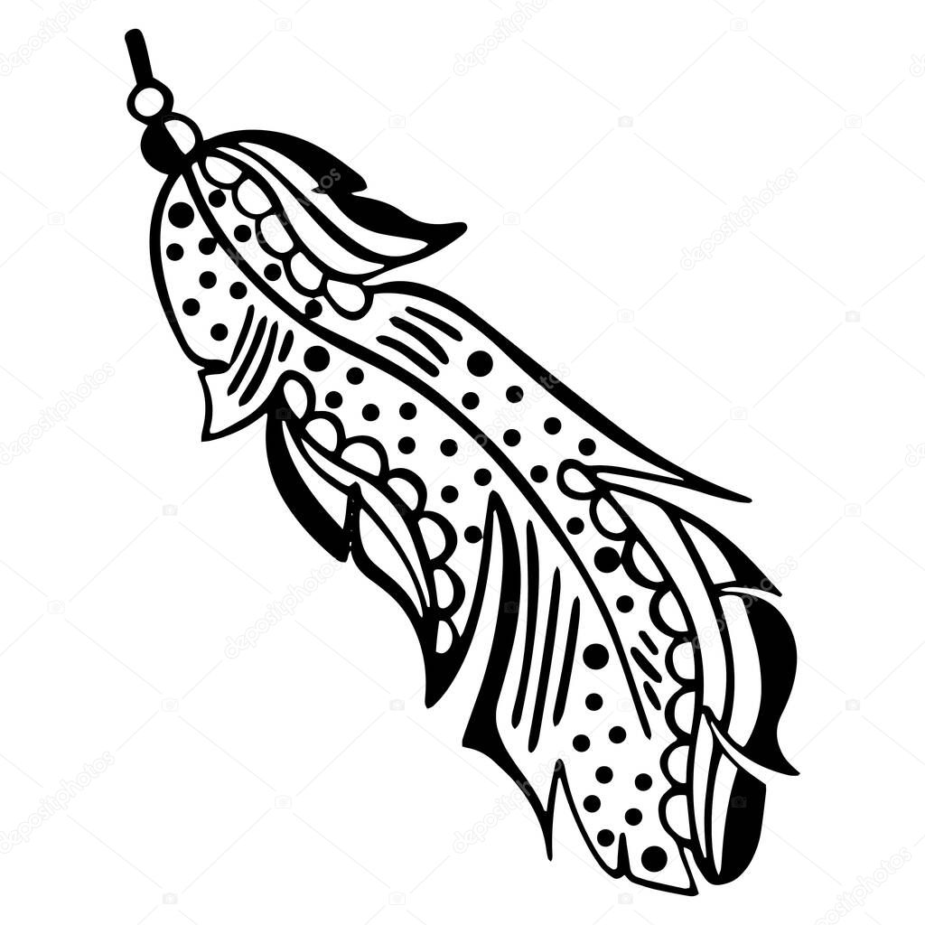 Patterned bird feather in black and white, hand-drawn for a children's coloring page. Vector. 