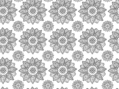Beyaz arka planda elle çizilmiş siyah mandalaların kusursuz deseni. Hindu ve Budist sembolleri, tekrar eden elementlerle birlikte çiçek şeklinde yuvarlarlar. Duvar kağıdı, kumaş, tekstil için. Vektör.