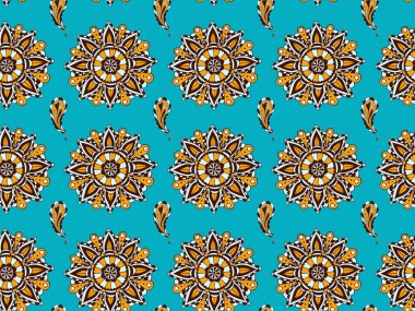Kusursuz Hint desenli mandalalar ve çiçekli şal desenli turkuaz arka planda elle çizilmiş çiçekler. Pantolon paletindeki parlak renkler. Tekstil, kumaş, moda, duvar kağıdı için. Vektör.