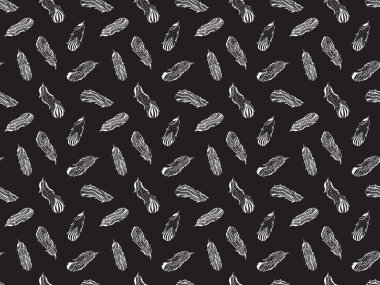 Beyaz hatlı kuş tüylerinin pürüzsüz deseni siyah bir arka planda zendogru elle çizilmiş. Tekstil, kumaş, moda, ambalaj, duvar kağıdı dokusu. Vektör.