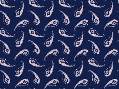 Nazikçe pembe desenli, dikişsiz desenli, çizgili ve çiçekli çivit arkaplanda. El yapımı Hint ve Türk salatalıklarının sonu gelmeyen dokusu. Duvar kağıdı, kumaş, giysi, tekstil. Vektör.