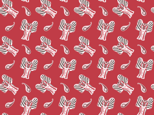 Seamless pattern of hand-drawn Indian elephants and paisley with flowers and stripes inside in soft pink and khaki colors on a trendy bright red background. Fashionable oriental texture. Vector.