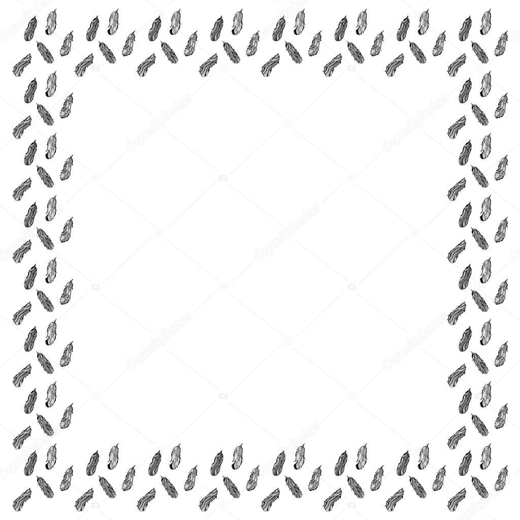 A square frame of black bird feathers decorated with beads, dots and stripes hand-drawn in zentangle style flying in the wind on a white background. Monochrome template with place for text. Vector.