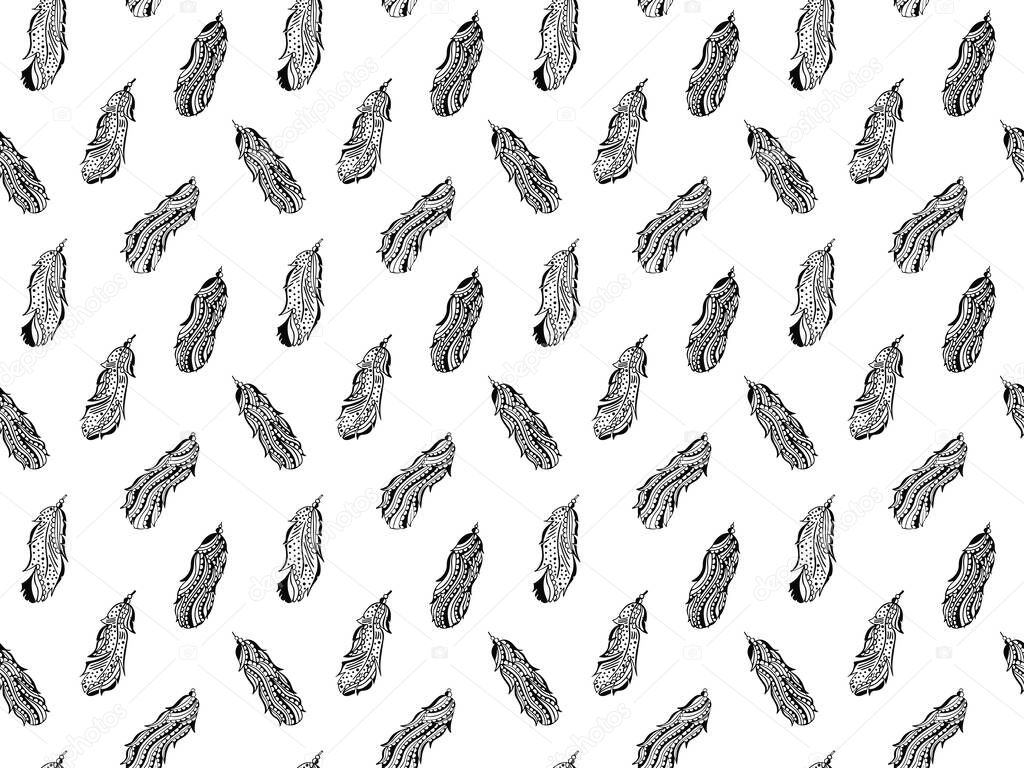 Seamless pattern of black bird feathers decorated with beads, dots and stripes hand-drawn in zentangle style flying in the wind on a white background. Texture for textile, fabric, fashion. Vector.