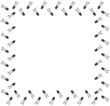 Beyaz arka planda çizgili siyah ve mavi tulumlu el yapımı bebek tavşanlardan oluşan kare bir çerçeve. Sevimli Tavşan Oğlanlar 'dan gelen mesaj şablonu. Kart, selamlama, davetiye, pankart için. Vektör.