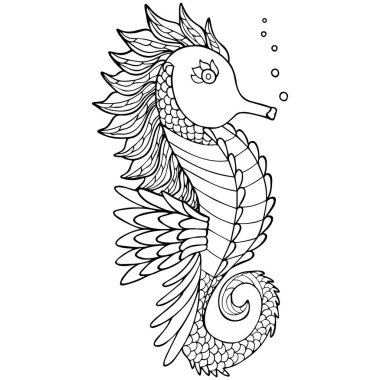 Zentangle tarzında baloncukları olan siyah ve beyaz el yapımı denizatı. Işın yüzgeçli tatlı su desenli balıklar. Boyama, dövme, tasarım, tişört baskısı için. Vektör.