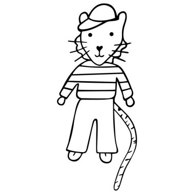 Siyah beyaz kaplan yavrusu şapkalı, çizgili kazaklı ve pantolonlu. Boyama kitabı için çocuk çizimi. Vektör.