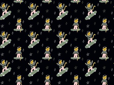 Elle çizilmiş kaplan yavrularının kusursuz desenleri, kaykaylarda giysi, siyah arka planda yıldızlar ve elmaslar. Kedi ailesinin çocukları kaykaycılardır. Kumaş ve ambalaj için. Vektör.