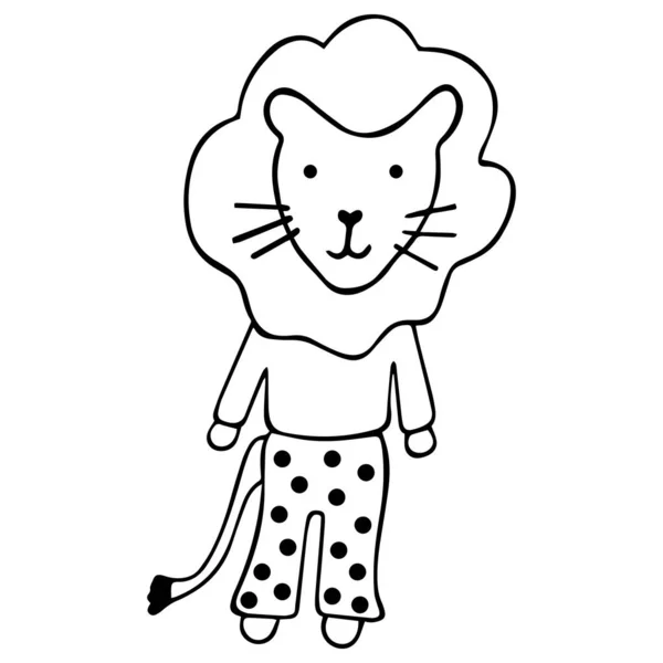 Hand Drawn Cute Black White Lion Cub Lush Mane Tail — Stock Vector