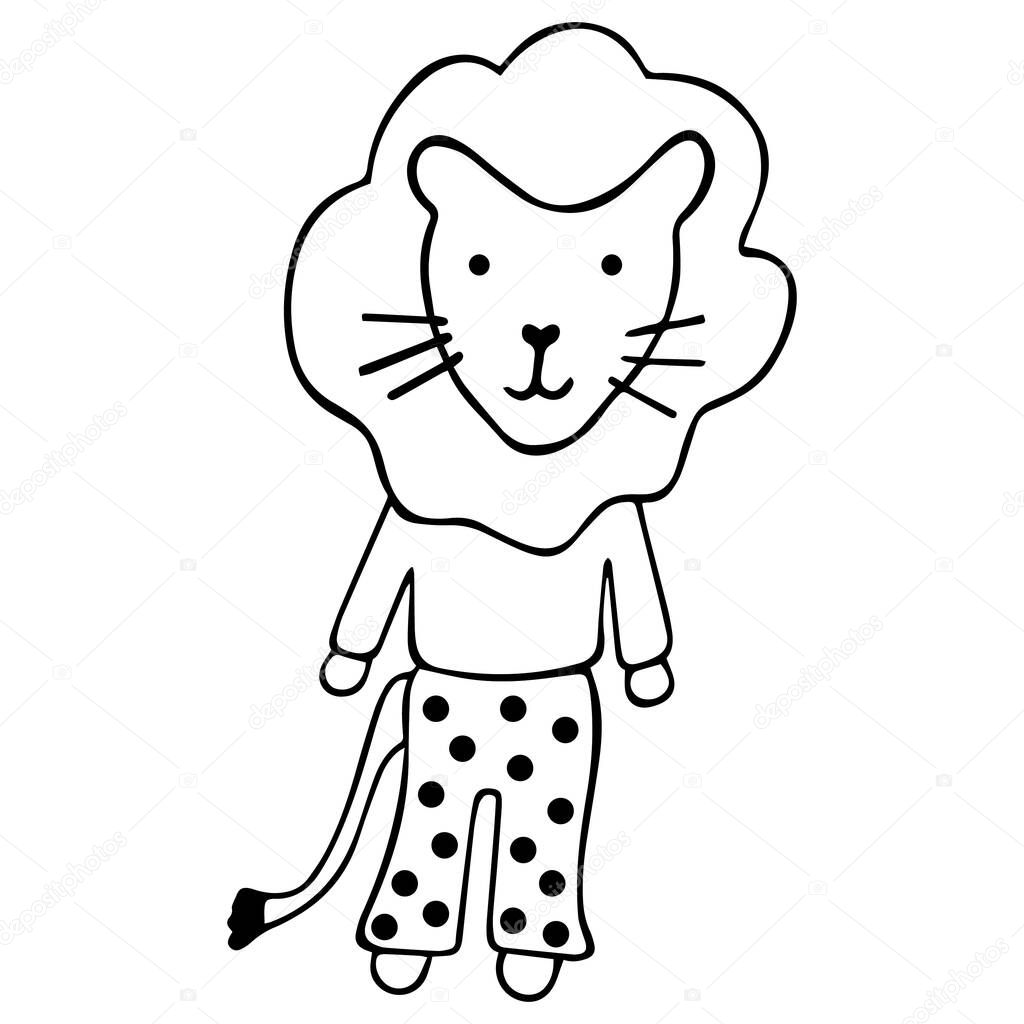 Hand-drawn cute black and white lion cub with a lush mane and tail, dressed in polka-dot pants and a jumper. Children's character for coloring books in the Scandinavian style. Vector