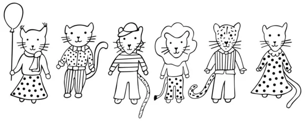Elinde balon, kedi, kaplan, aslan, leopar ve panter tutan siyah beyaz vaşak sürüsü. İskandinav tarzında izole edilmiş kedi sanatı. Boyama kitabı için karalamalar. Vektör.
